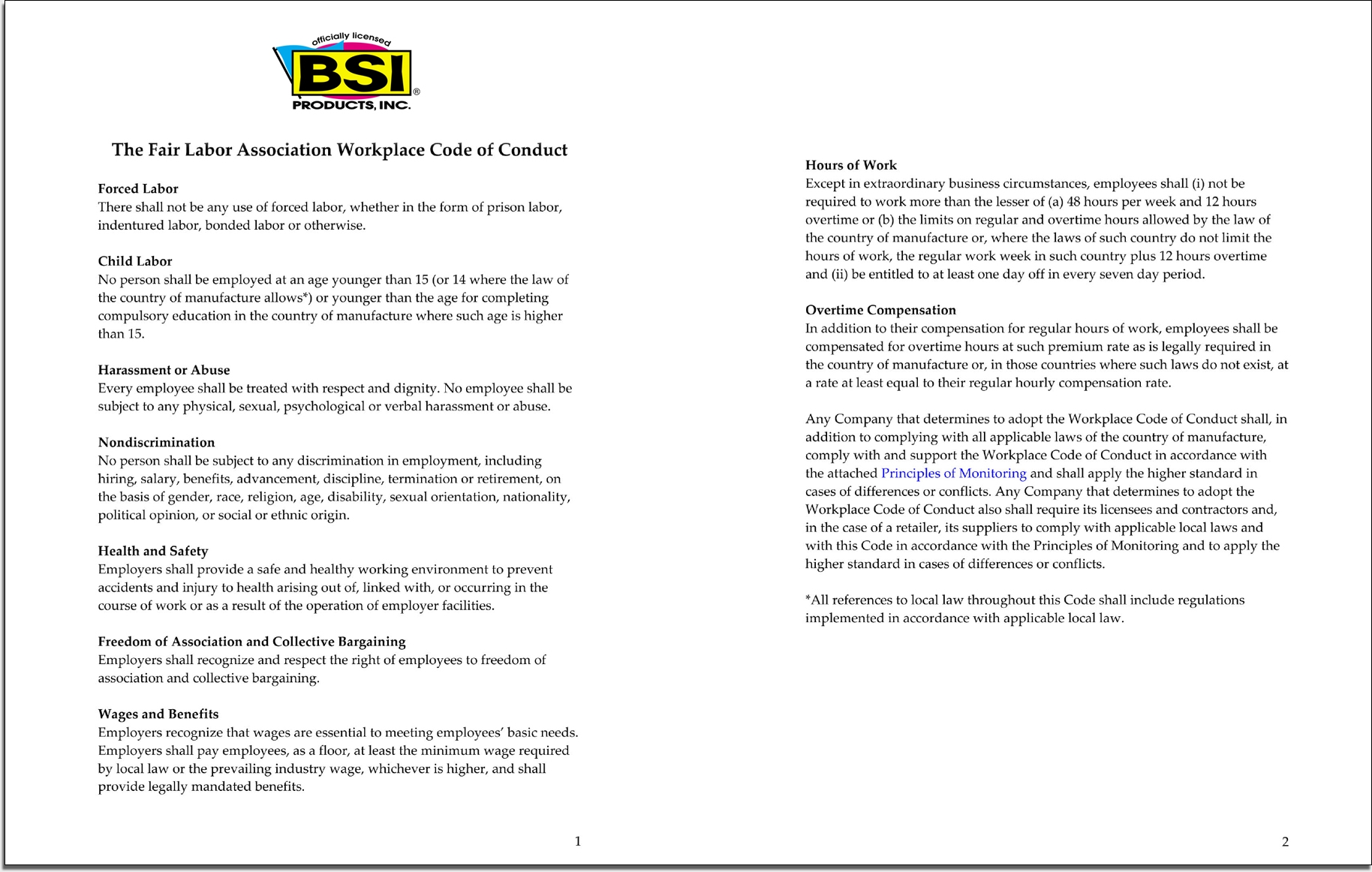 BSICodeofConductWEB, fair labor workplace code of conduct